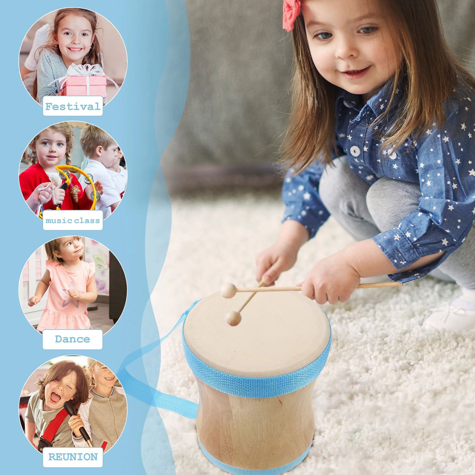 

1Set Sheepskin Hand Drum Wooden Professional Orff Instrument for Kids Teachers Kindergarten Musical Activities Blue Handle