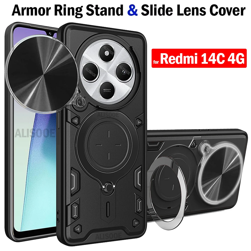 Funda de cámara deslizante para Redmi 14C 4G, carcasa de armadura, lente deslizante, soporte de anillo magnético, Funda de teléfono para Xiaomi Redmi 14C Capa