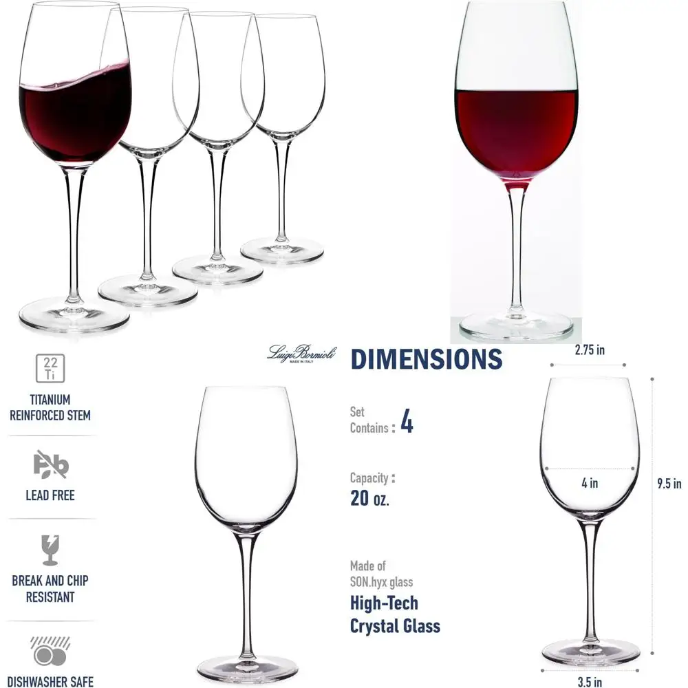 

Очки Luigi Bormioli Crescendo Bordeaux, набор из 4 предметов — бессвинцовая хрустальная ножка на 20 унций с титановыми стеблими и лазерной резкой оправой