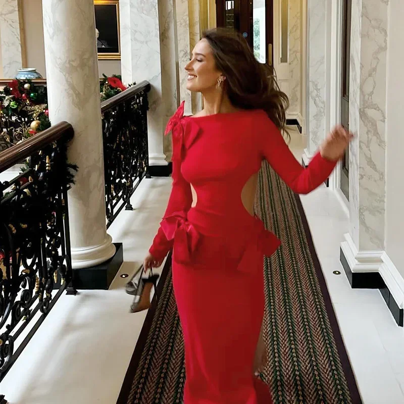 Vestido largo rojo con espalda descubierta y lazo para mujer, traje elegante de manga larga, ajustado, para fiesta de año nuevo y Navidad, 2024