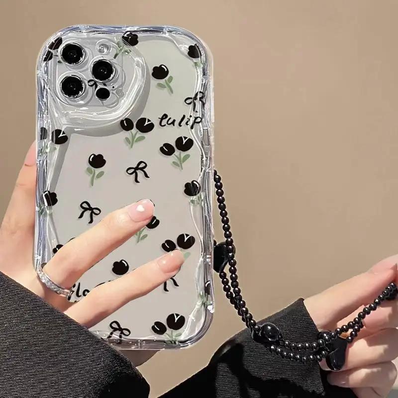 Black Tulip Bow Love Heart Hang Chain Case for OPPO Reno 11 5G 11F Reno 7 4G 8 11 Pro 8T Reno 5 6 Lite 4 A38 A18 A58 A78 A79 A98