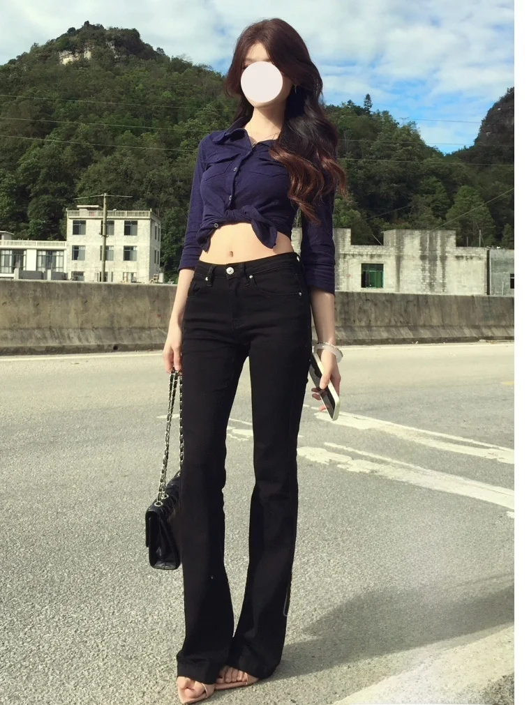 

Low Waist Women's Jeans Slim Fit Conceal Meat ow Thin Bla Retro Versatile Waterdrop aped Butt Pad Micro Flared Pants