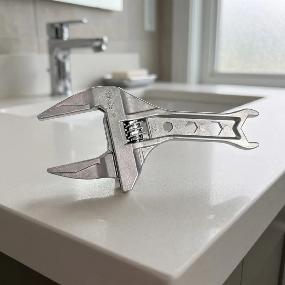 Ratcheting Adjustable Wrench for Household Water Line Maintenance Featuring Low-Profile Design and Smooth Operation