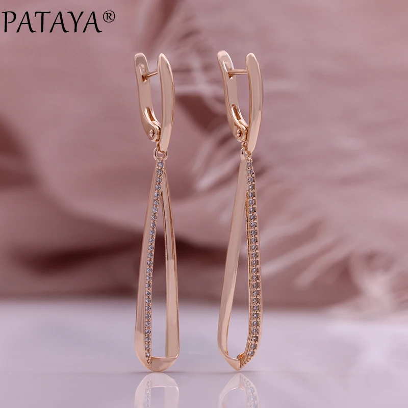 PATAYA Trendy 585 Rose Gold Color Natural Zircon Long Drop Earrings Fashion Jewelry Tassel Dangle Earrings Fine Jewelry