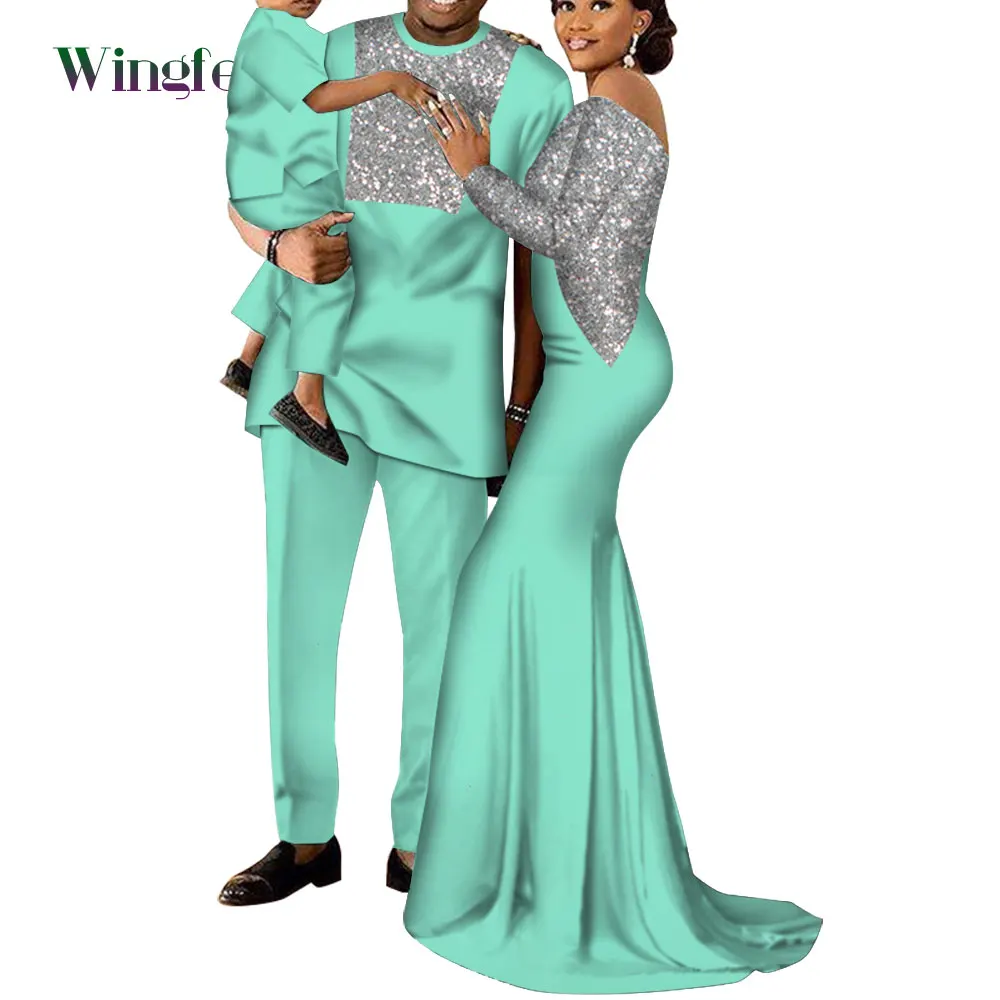 Customized African Family Clothing Women Long Dresses Dashiki Men Top Pant and Boy Attire Bazin Riche African Clothes WYQ724