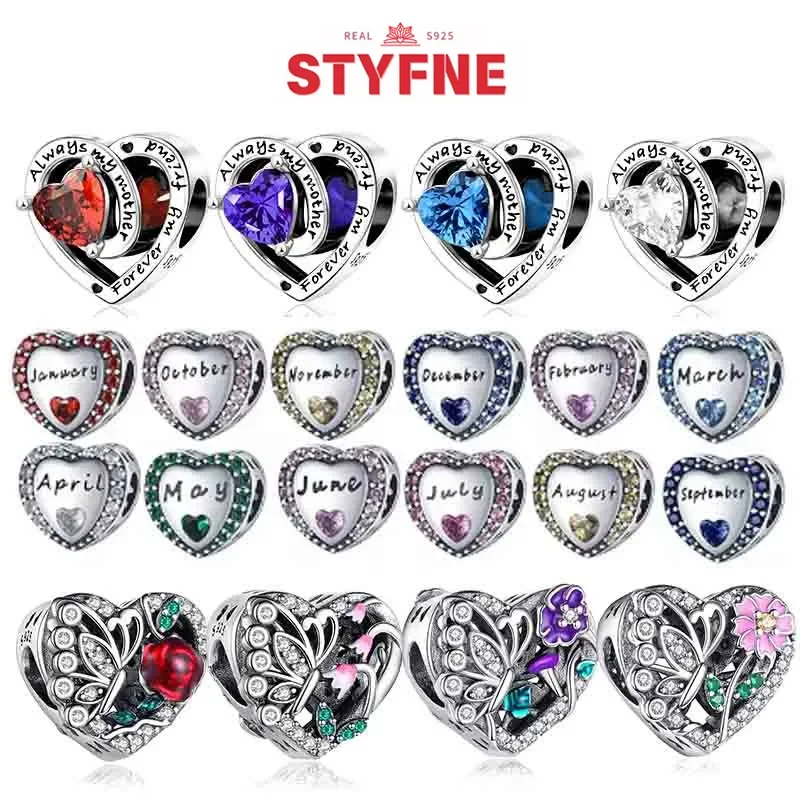 925 Sterling Silver Love Month Birthstone Heart Shaped Series Charms Beads Fit Original Bracelet for Women Diy Fine Jewelry gift