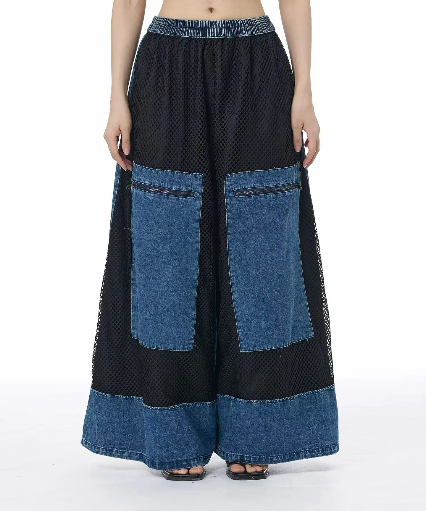 SuperAen Patchwork Washed Jeans for Women's Autumn and Winter New Retro High-waisted Drawstring Wide-leg Long Pants