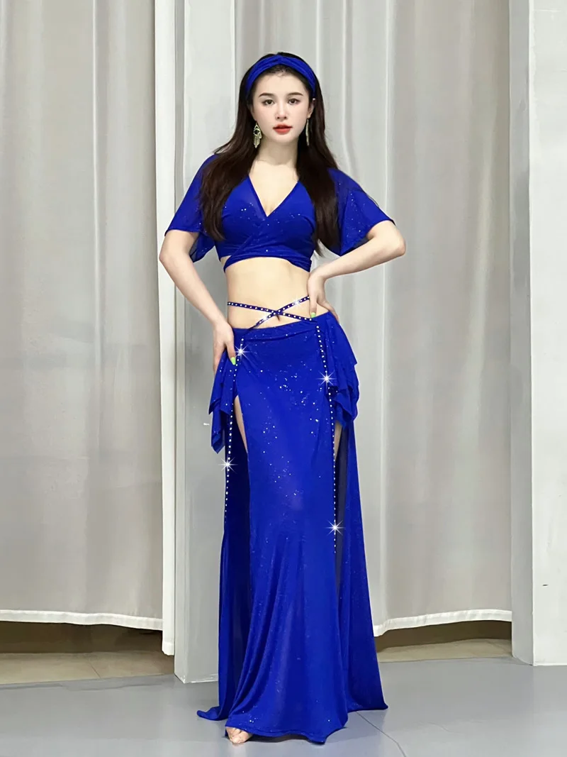 Costumes de spectacle de danse du ventre pour femmes, haut + jupe, vêtements de danse sur scène, vêtements d'entraînement
