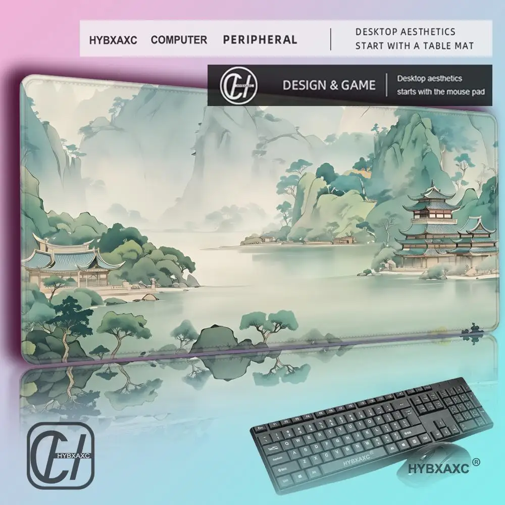 

HYBXAXC Chinese Landscape Painting Mouse Pad Large Non-Slip Desk Mat Green Mountain Ink Wash Gaming Mousepad for Office Home