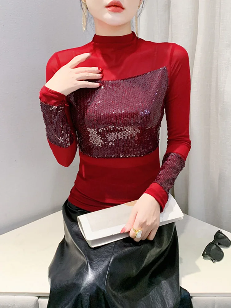 2025 Autumn New Heavy Industry Sequin Slim Fit Versatile Western-Style Long Sleeved T-Shirt Top For Women