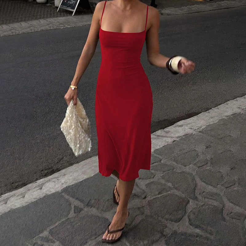 Hugcitar Damen-Kleid, elegant, einfarbig, sexy Midikleid, ärmellos, rückenfrei, Sommerkleidung, Geburtstagsfeier, Urlaub – Detail 32