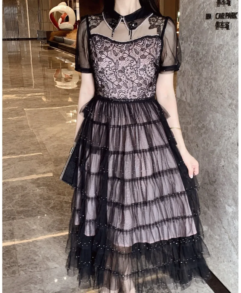 

Vintage Elegant Women Dress Beading Mesh Embroidery Streetwear Clothing Lady Holiday Party Tiered Ruffles Bodycon Dress