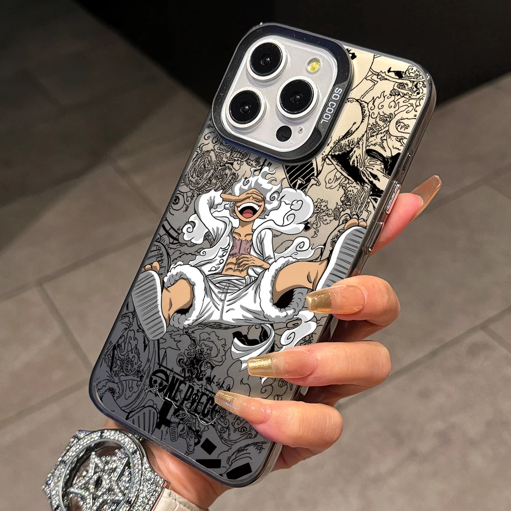One Piece Luffy Nika Handyhülle für iPhone 17 Air 16 16e 15 14 Plus 13 12 11 Pro Max X Xs XR 8 Bunte Silberne Hartschale