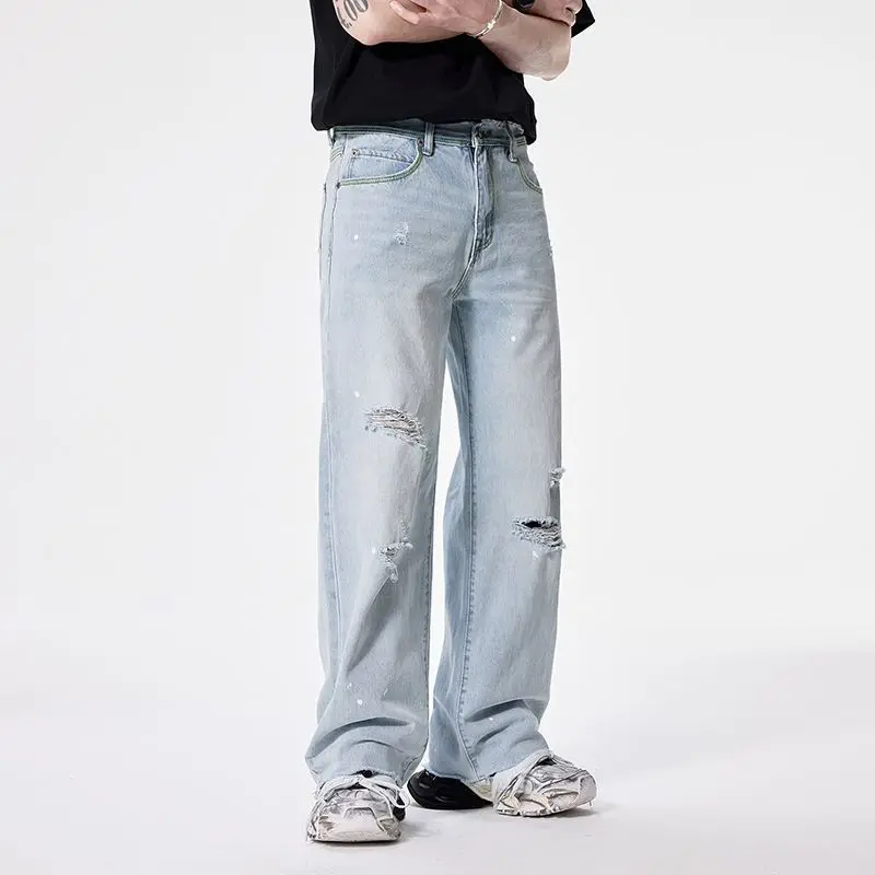 2025 Summer New Light Color Jeans Men's Thin High Street American  Wide Leg Pants Baggy Ripped Jeans Men Clothing
