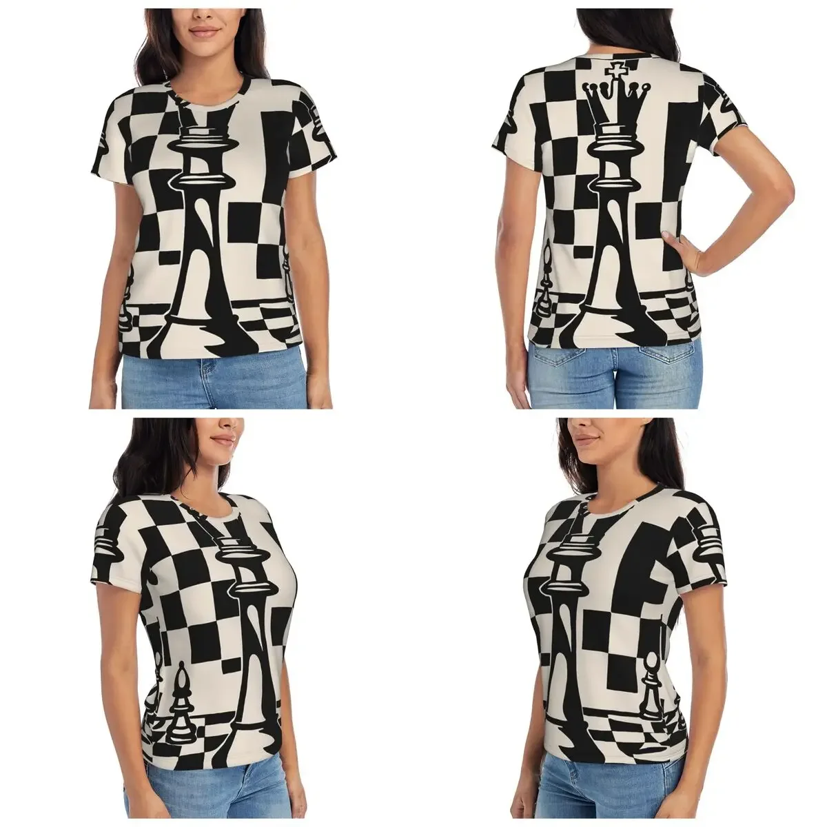 Chess Pieces On Board T-Shirt for Women Round Neck Streetwear T Shirts Women's Short Sleeve Summer Clothes Tops