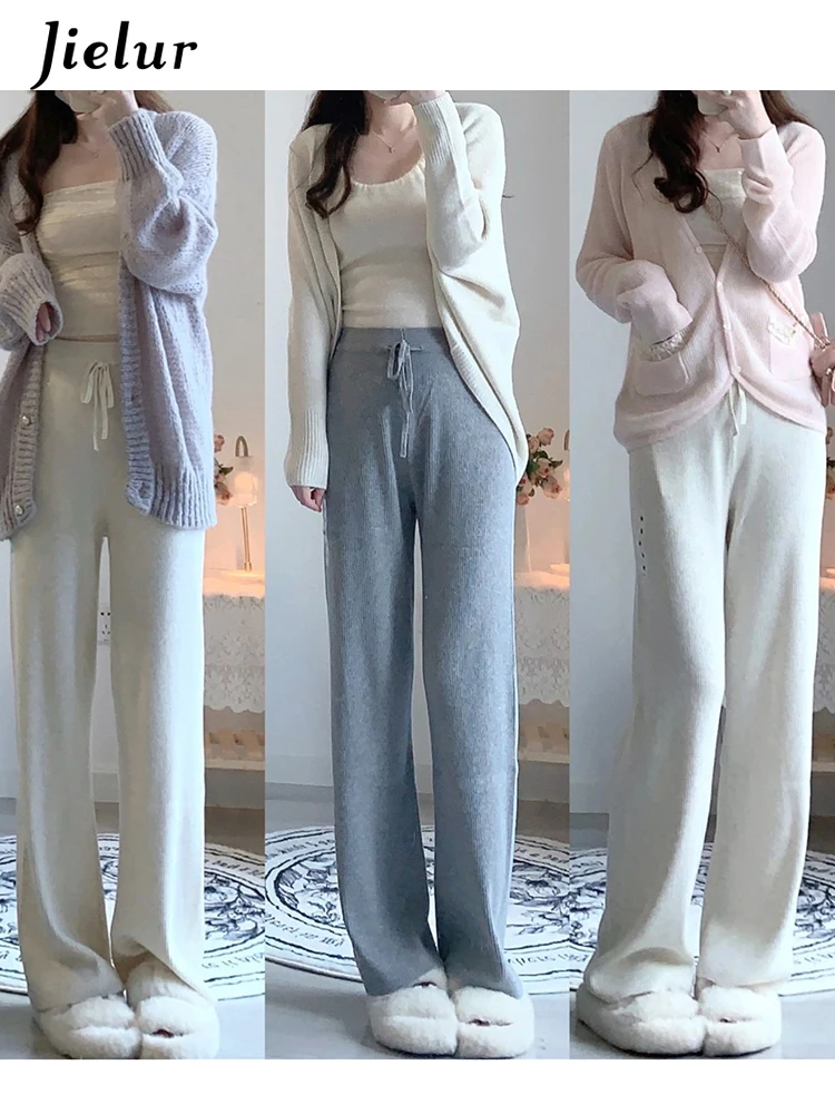 Jielur Spring High Waist Women's Tie Waist Knitted Pants Korean Fashion Casual Women Straight Tube Loose Wide Leg Long Pants