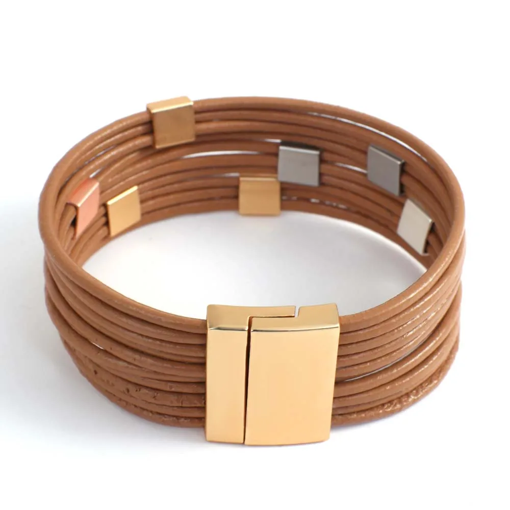 ALLYES Trendy Two Tone Square Cube Leather Bracelet for Women Bohemian Multilayer Slim Strips Wrap Bracelets Charm Jewelry