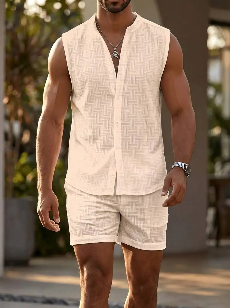 Summer Men's Fitness Vest Set, Loose-Fitting Sleeveless Shirt, Linen Material