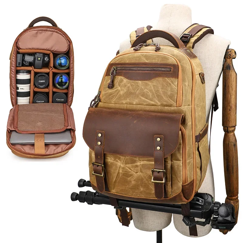 Vintage Waxed Canvas Waterproof Large Video Backpack Digital Gear Camera Bags for Photography Laptop  with USB Port