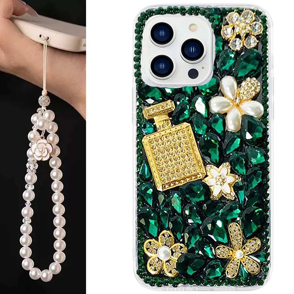 Fashion Bling Diamond Pearl Perfume Bottle Chain Pearl Cover For iPhone 13 14 12 16Pro X XS MAX XR 15 Pro 16Plus Phone Case