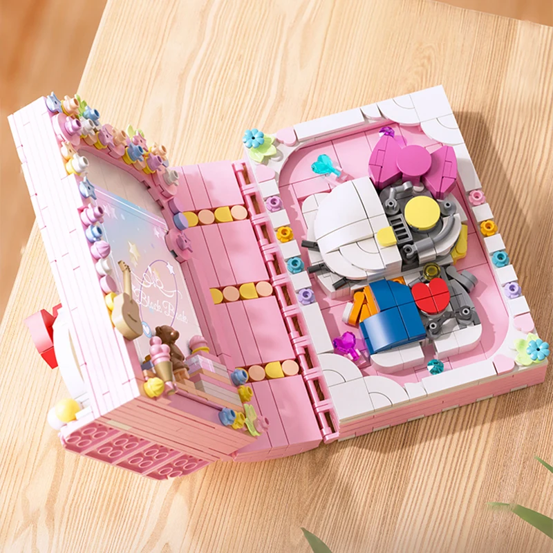 

Pink Cat Magic Book Building Blocks Diy Flower Cartoon Door Frame Model Bricks Romantic Desktop Display Holiday Gifts Kids Toys