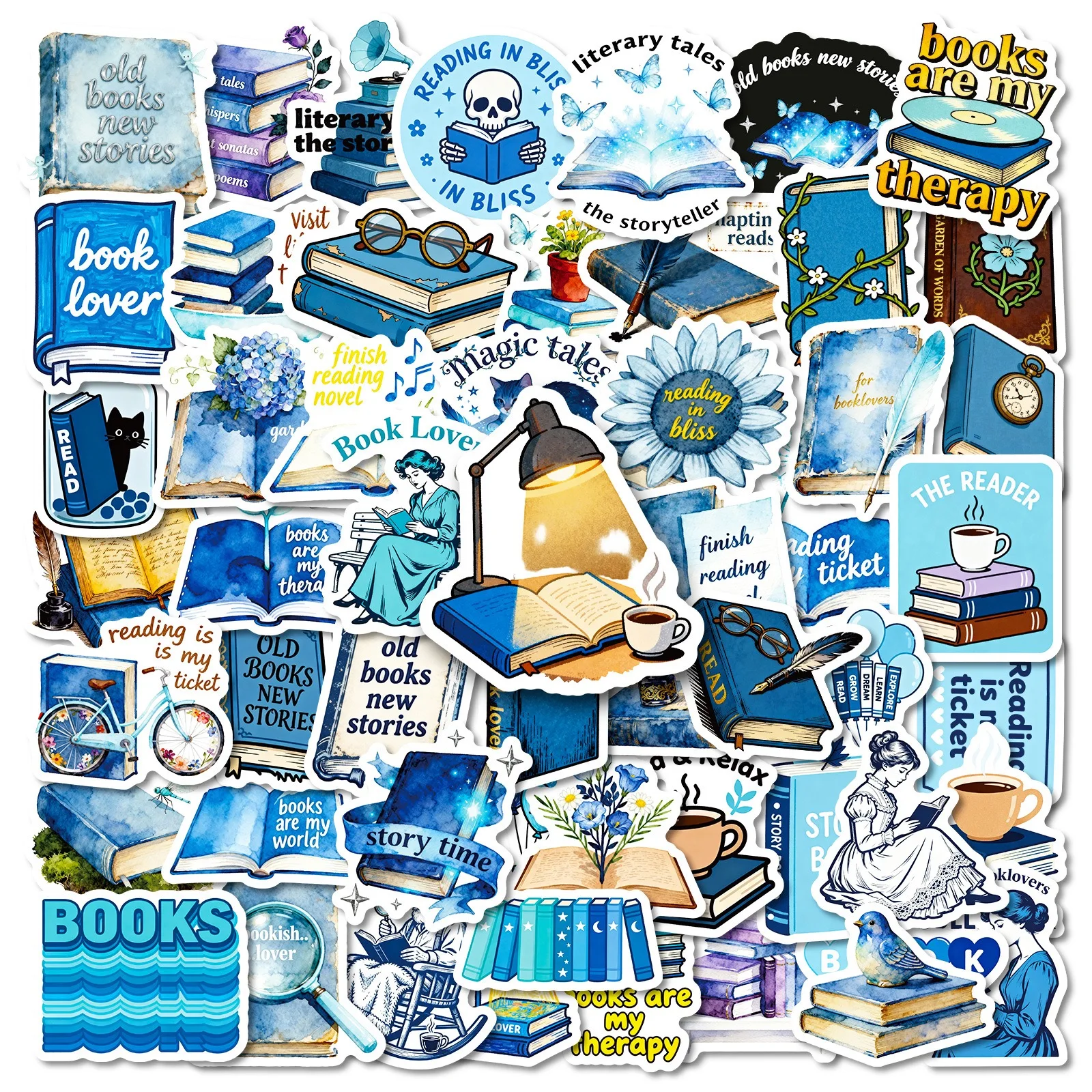 56pcs Blue Reading Book Bookish Stickers Kindle Aesthetic Girls Ins Decals Scrapbooking Laptop Phone Stationery Kids Toy Gift