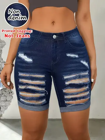 Denim Print Stretch Capri Leggings Women Breathable Outdoor Beach Vacation Shorts