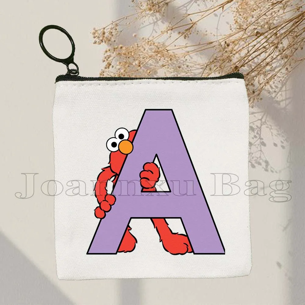 Cute Cartoon Initial Letter A to Z Elmo Alphabet Kawaii Monster Gift Canvas Coin Purse Key Case Small Bag Wallet Zipper Pouch