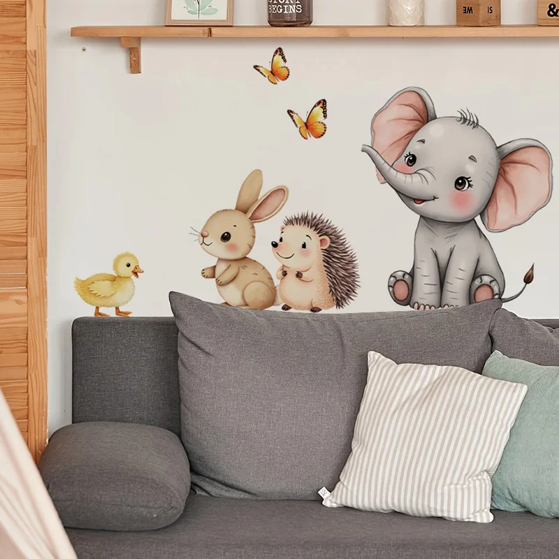 ملصق حائط على شكل حيوانات كرتونية - ملصق حضانة على شكل أرنب الفيل على شكل قنفذ، ديكور غرفة الأطفال قابل للإزالة، غرفة اللعب، جدار الفن المنزلي
