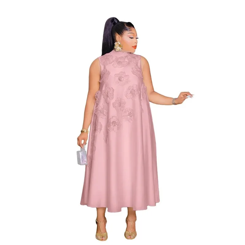 

Women's Casual Solid Color Round Neck Sleeveless Flower Decor Big Swing Party Dress