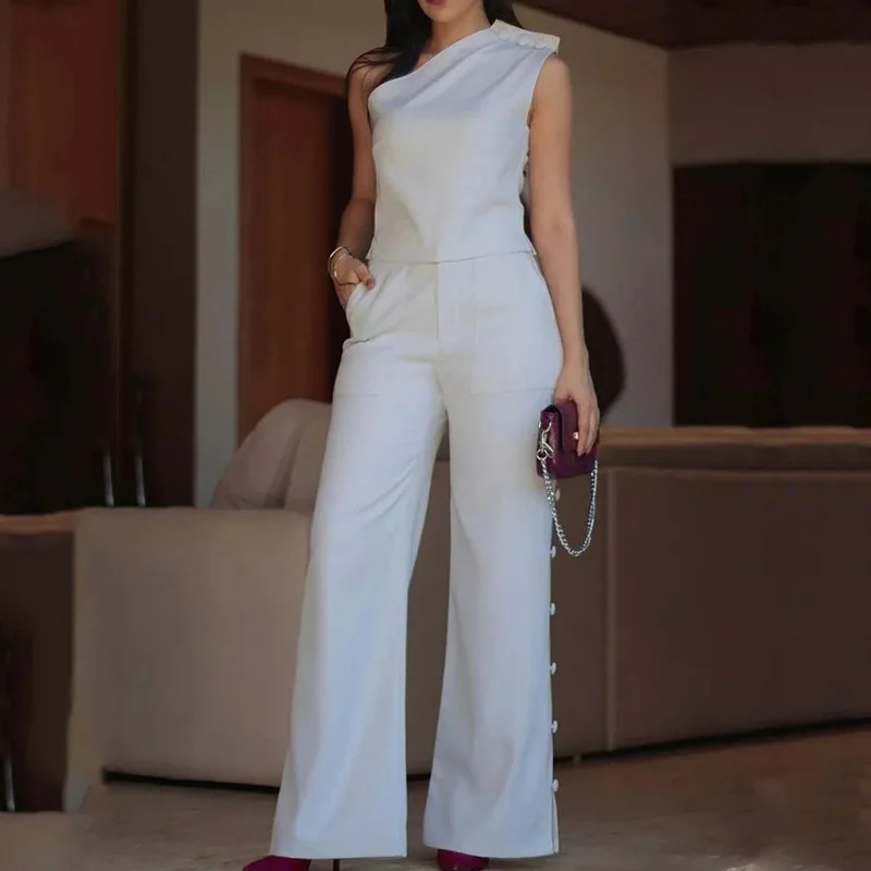 

Women Two Piece Sets Pant Set One Shoulder Skew Collar Sleeveless Slim Fit Sexy Tops Wide Leg Long Pants Casual Elegant Splice