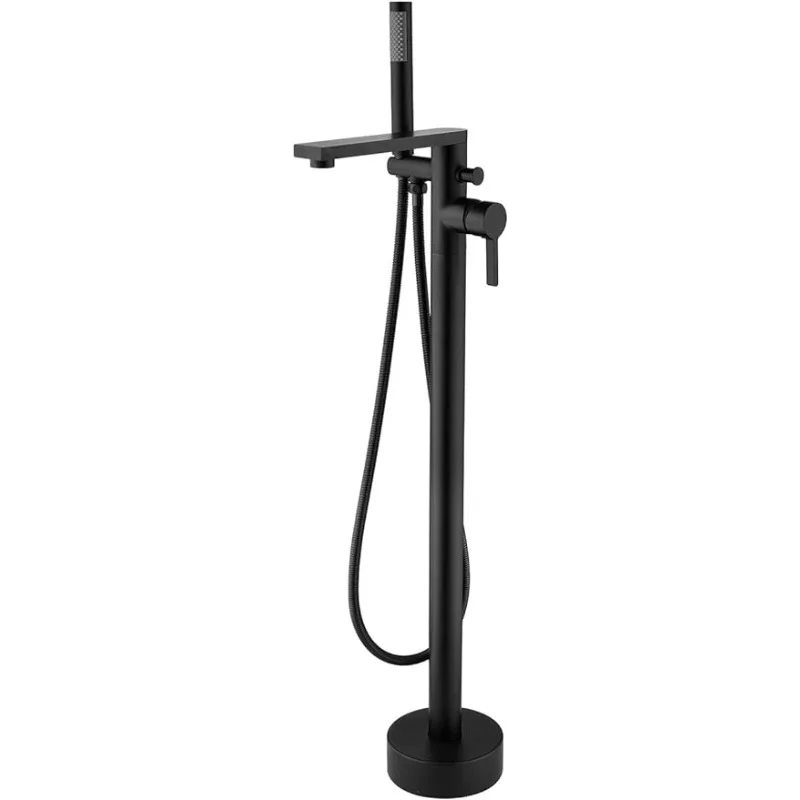 Wowkk Freestanding Bathtub Faucet Tub Filler Black Floor Mount Brass Single Handle Bathroom Faucets with Hand Shower