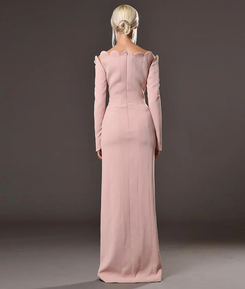 Abito da sera dritto con spalle scoperte in jersey con temperamento personalizzato Abiti da cerimonia su misura con maniche lunghe e scollo a barca di alta qualità