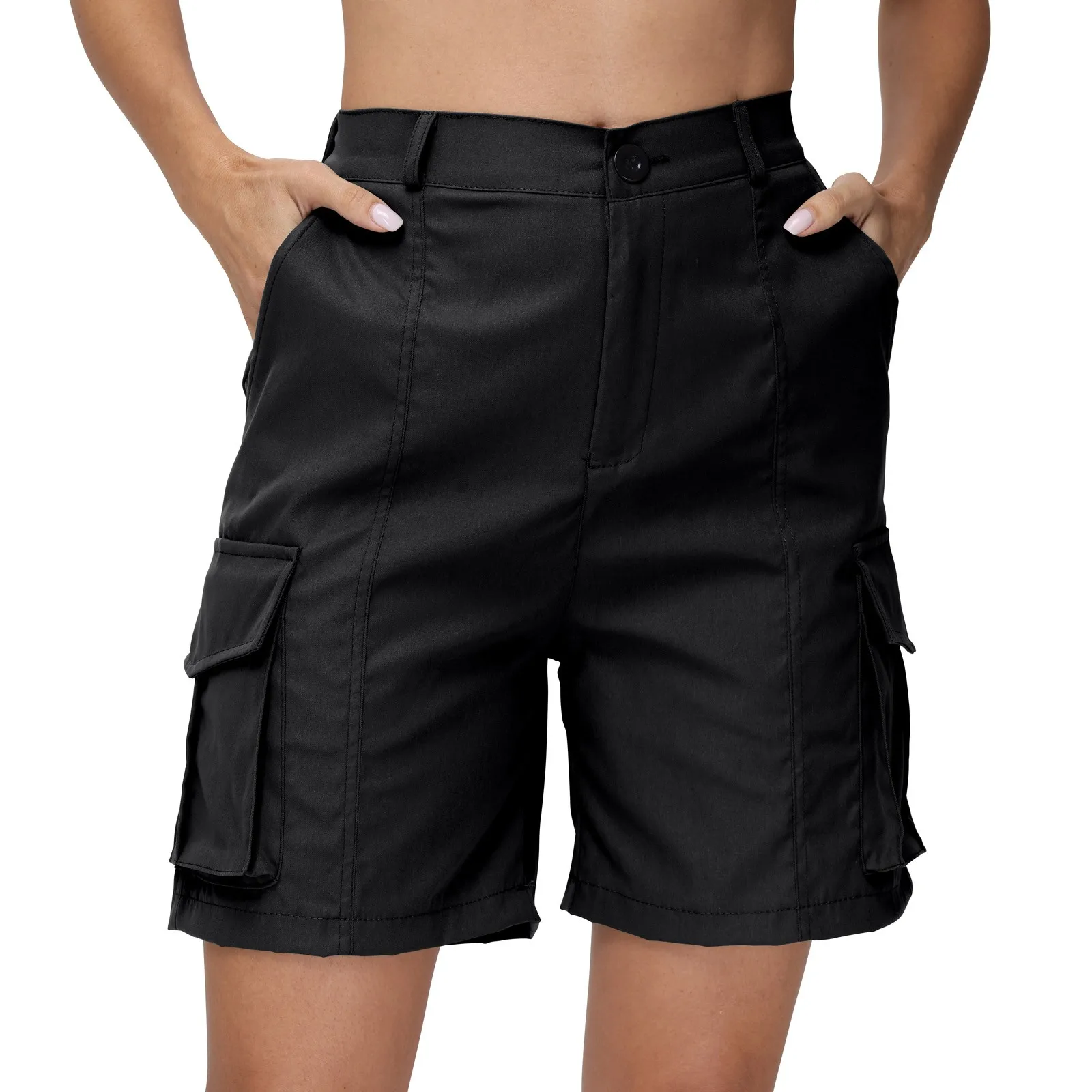 

Bermuda Shorts For Women Cargo Shorts Knee Length 6 Pockets Elastic Waist Long Shorts For Summer Casual