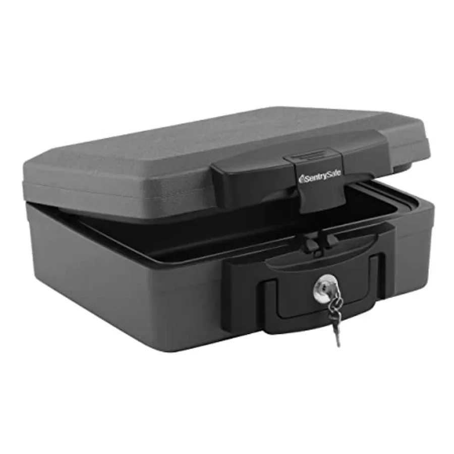Fireproof and Waterproof Safe, Black Portable Lock Box with Key Lock and Carrying Handle for Money, Passport, Exterior: 14.3 in