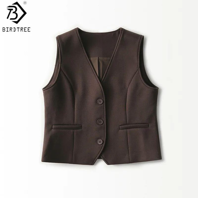 

Birdtree 7.1% Sheep Wool Suit Vest,Women Wool Blend V-neck Sleeveless Waistcoat,Single Breasted 2025 Autumn New Tops T59602JF