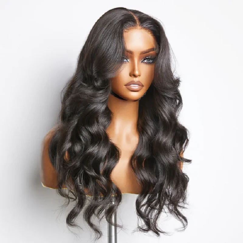 Perruque Lace Front Wig Body Wave longue noire naturelle pour femme, cheveux de bébé doux, densité 180, sans colle, préplumée, degré de chaleur, 26 po, 03/3