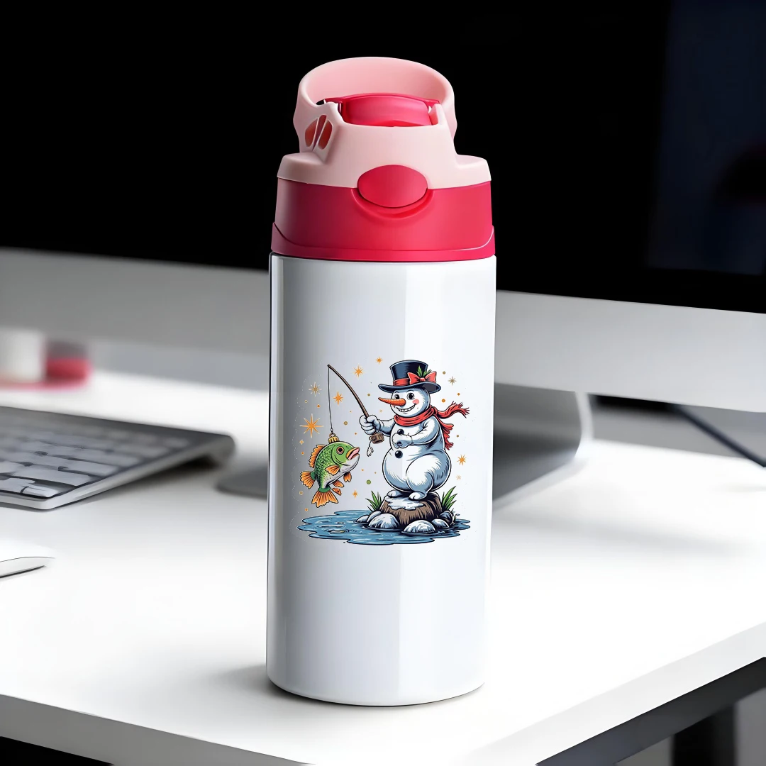 

304 Stainless Steel Insulated Cup + Cartoon Snowman Fishing Pattern + Kids Straw Cup Christmas Gift Adorable Insulated Cup