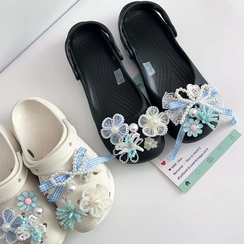 

Милые сине-белые цветочные жемчужные подвески для обуви, набор украшений для обуви с кружевными бантиками, аксессуары для сабо и сандалий для женщин и девочек