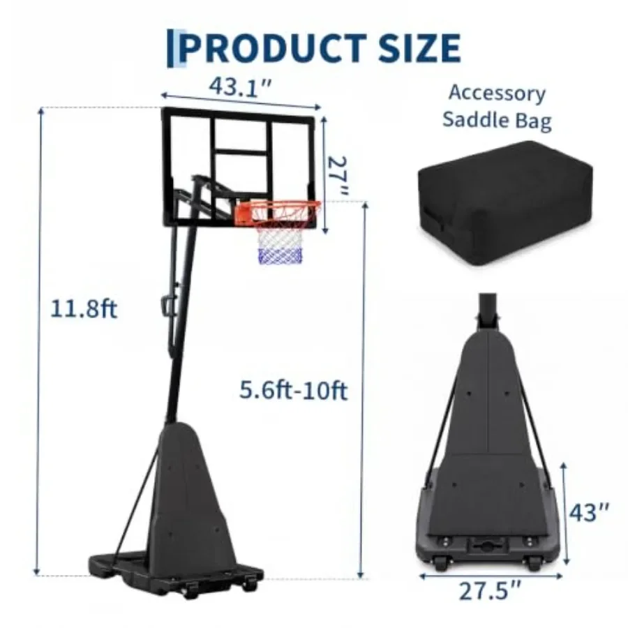Portable Basketball Hoop System for outdoor use, polyethylene backboard, black, height-adjustable 5.610FT with 44/48-inch tempe