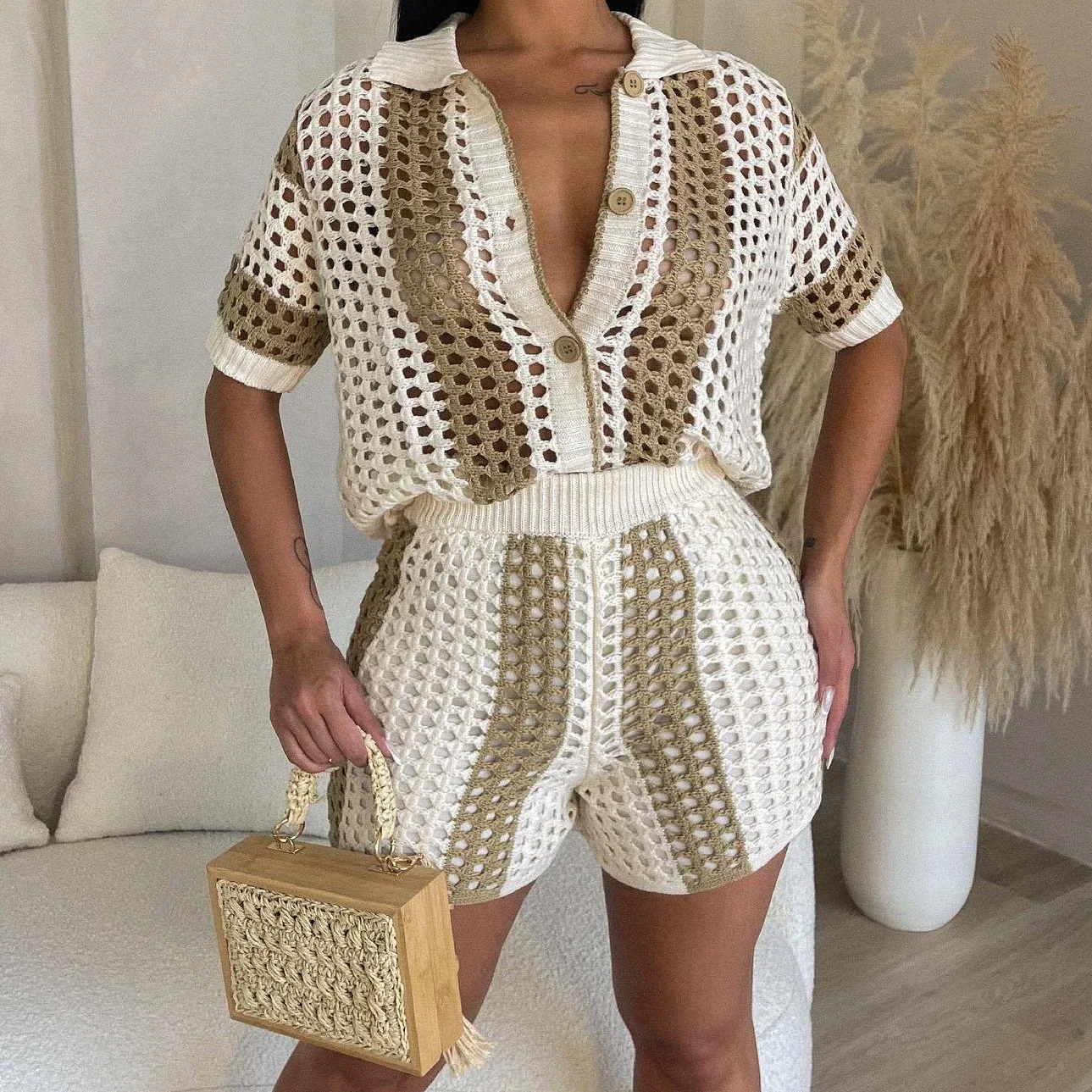 

Fmxires Knit Ribbed Crochet Hollow Out Striped Women's Set Short Sleeve Button Sweater and Shorts 2025 Two 2 Piece Set Outfits