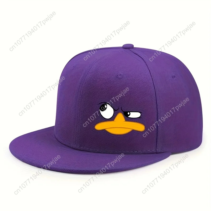 [Gorra ajustável] Boné de beisebol ajustável preto com design de rosto de pato |   Chapéu casual urbano de acrílico respirável para esportes ao ar livre
