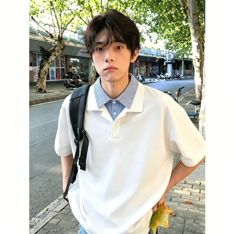 

Youthful Fake Two-Piece Stripe Shirt Collar Short Sleeve Men's Summer American CleanFit Half Sleeve Casual Fashion Cotto...