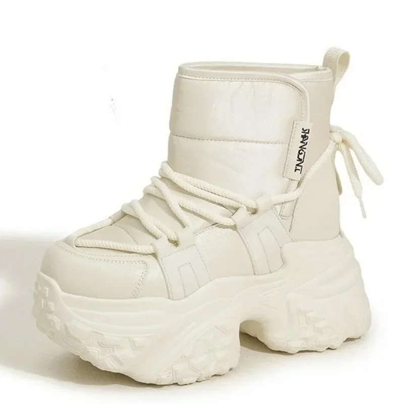

10CM Retro Synthetic Leather Snow Heel Autumn Women Motorcycle Ankle Booties Winter Snow Warm Fur Boots Platform Flats Shoes