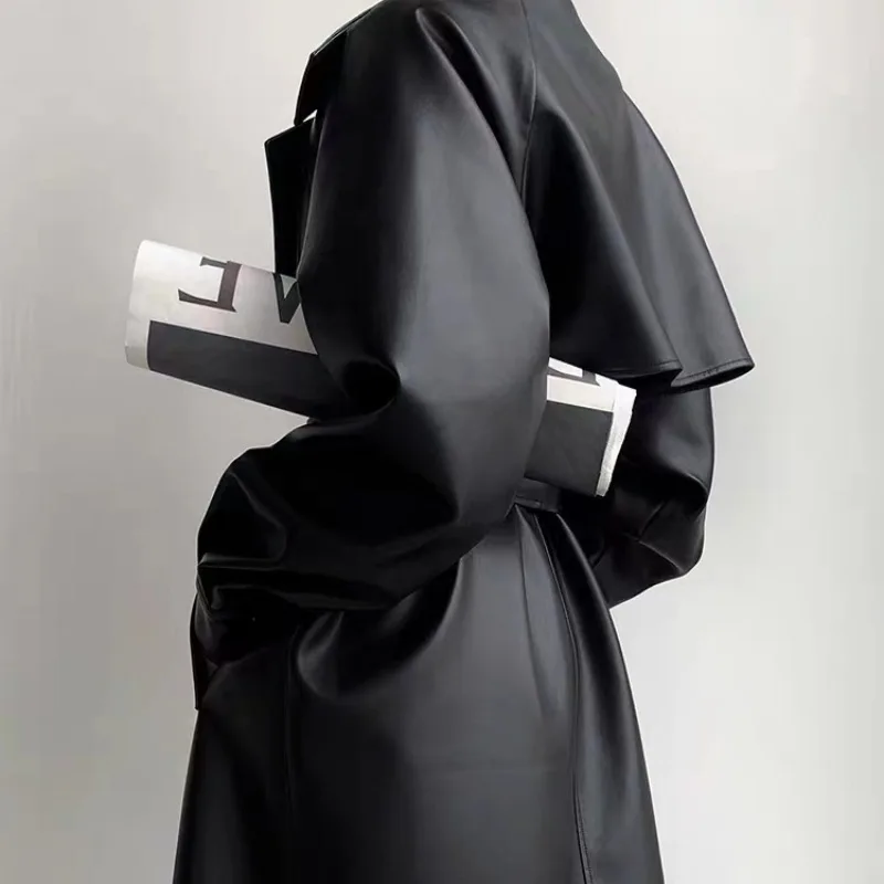 

Винтажная кожаная куртка для женщин, длинный плащ, модное весенне-осеннее пальто, новое пальто, верхняя одежда с длинными рукавами и поясом, черная