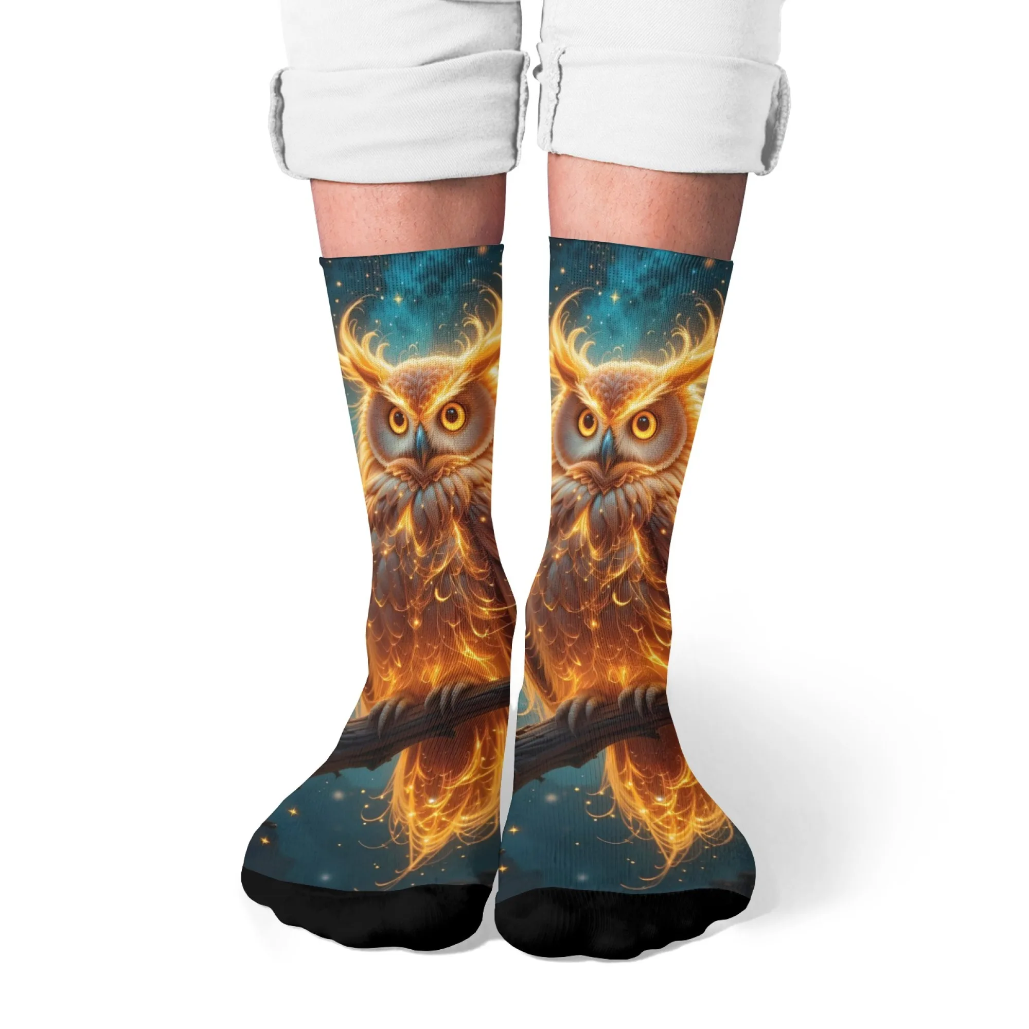 原宿レトロ夢のような輝くフクロウプリントメンズソックスノベルストリートスタイルゴージャスな動物テーマクルーソックスパーティーホリデーギフト