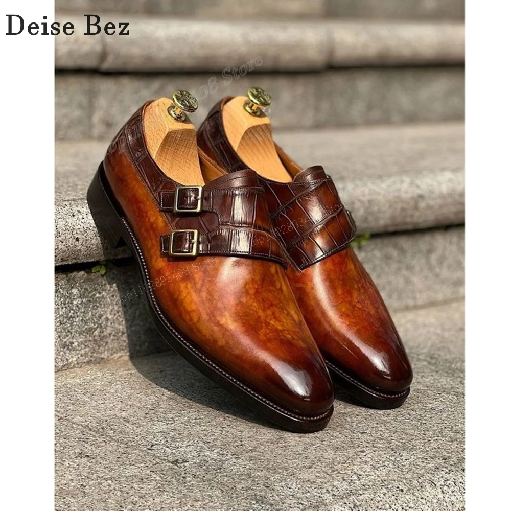 Brown Color Polished Men Dress Shoes Buckle Belts Pointed Toe Business High Quality Leather Men Shoes 2023 Zapatillas Mujers