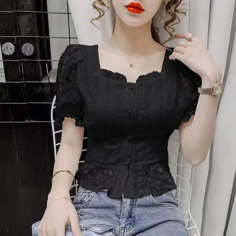 New Women\'s Korean Fashion Ruffle Elegant Sweet Shirt Summer Square Collar Solid Slim Chic Blouse Casual Short Sleeve Fairy Tops