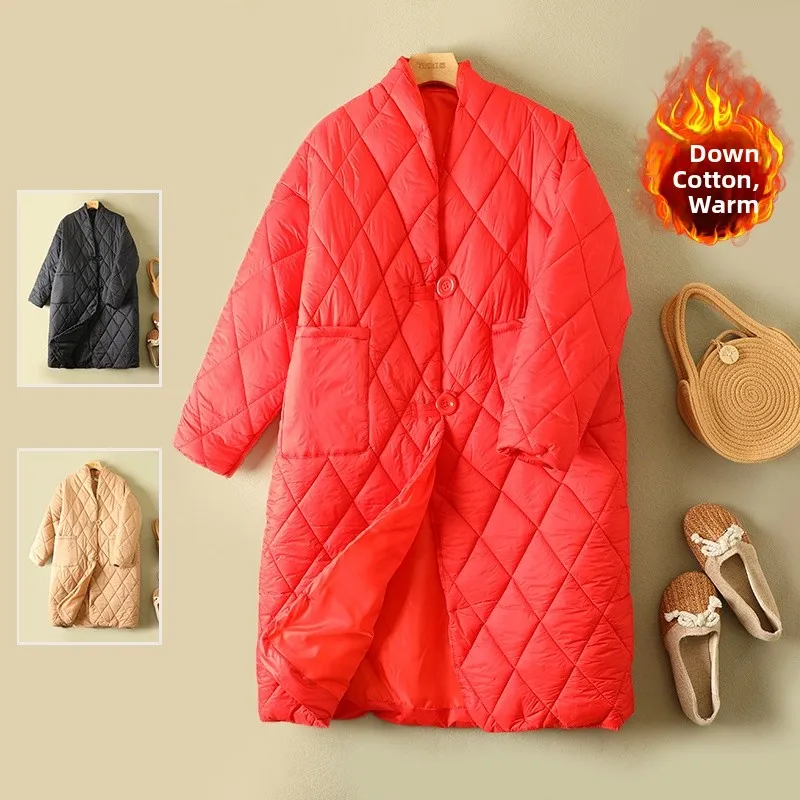 

Thiened Winter Cotton Jaet Women's Large Size Long Sve Stand Collar Quilted down Cotton Warm Coat Lightweight Coat
