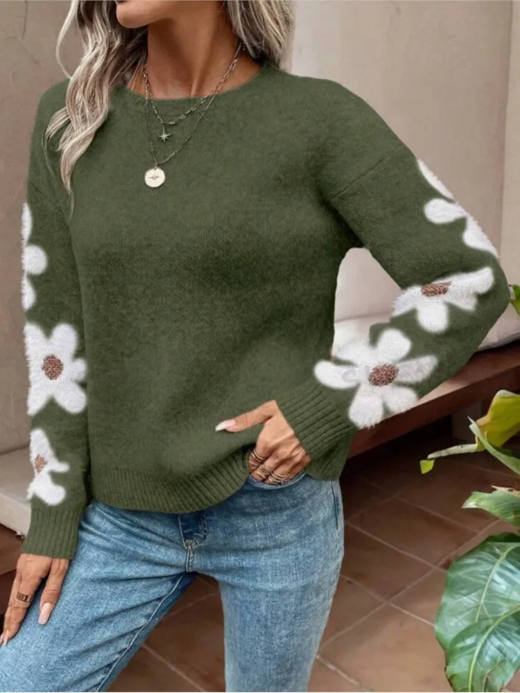

Winter Clothes Woman Pulls Femmes All-match Loose Simple Style Sweater Elegant Floral Jacquard Knitted Pullover Comfortable Warm